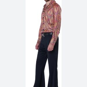 Men’s 70s Colorful Disco Shirt and Black Flared Pants Costume